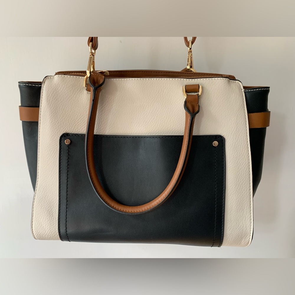 Cream, Brown, and Black Leather Laptop Tote Bag Purse with Crossbody Strap
